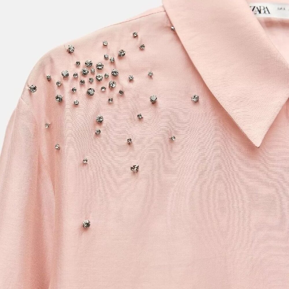 ZARA ZW Collection sz S New Embroidered Shirt Jewels Rhinestones Pastel Pink - Picture 3 of 15